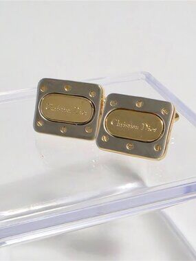 Authentic Christian Dior Gold Silver Tone Rectangular Cufflinks Accessories